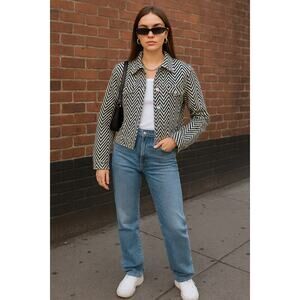 Goldsign Denim Jacket Cotton Patterned Chevron Striped Sample Small Black White